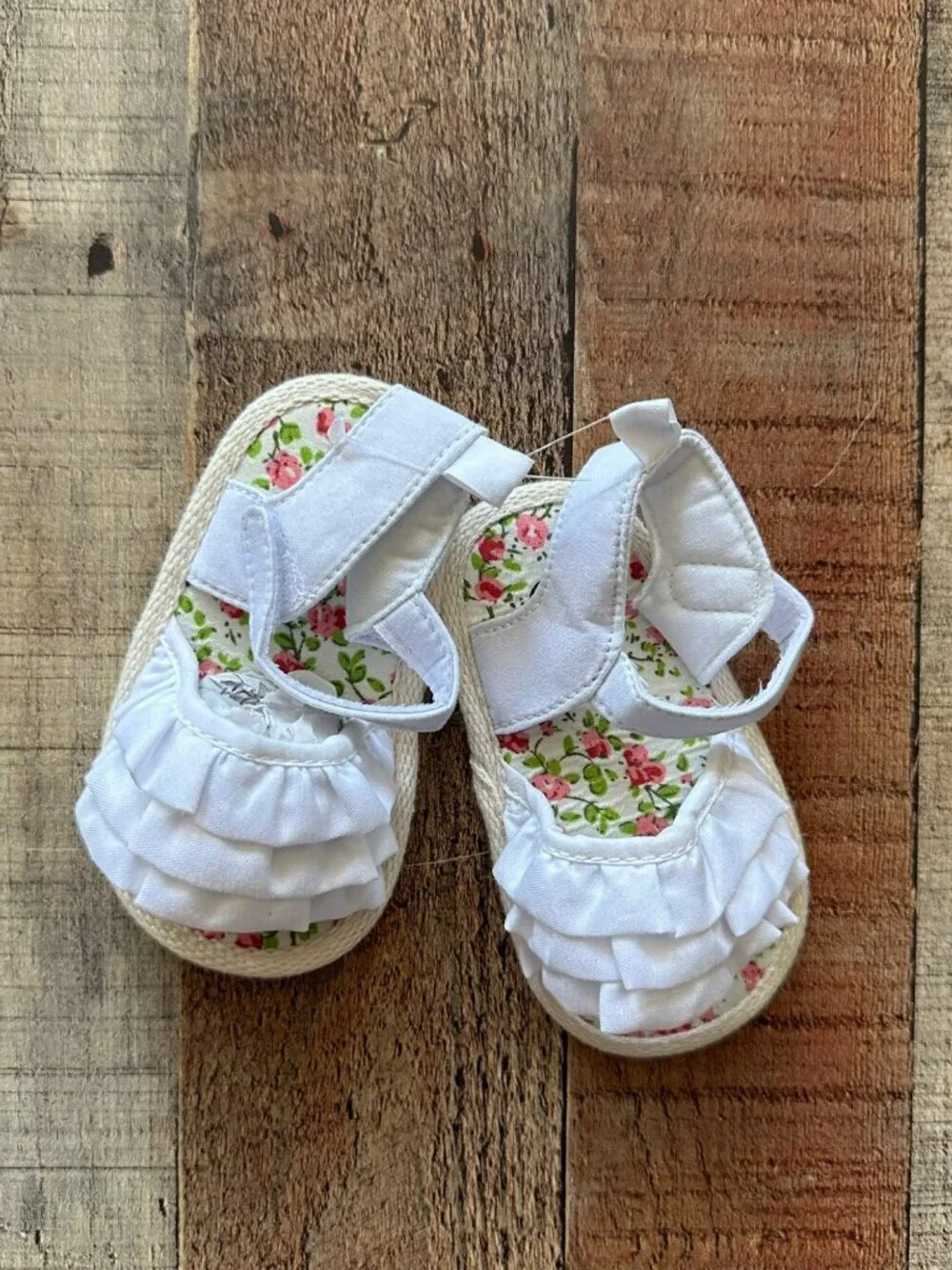Baby Girls White Ruffle Sandals With Floral Print Sole By Premier